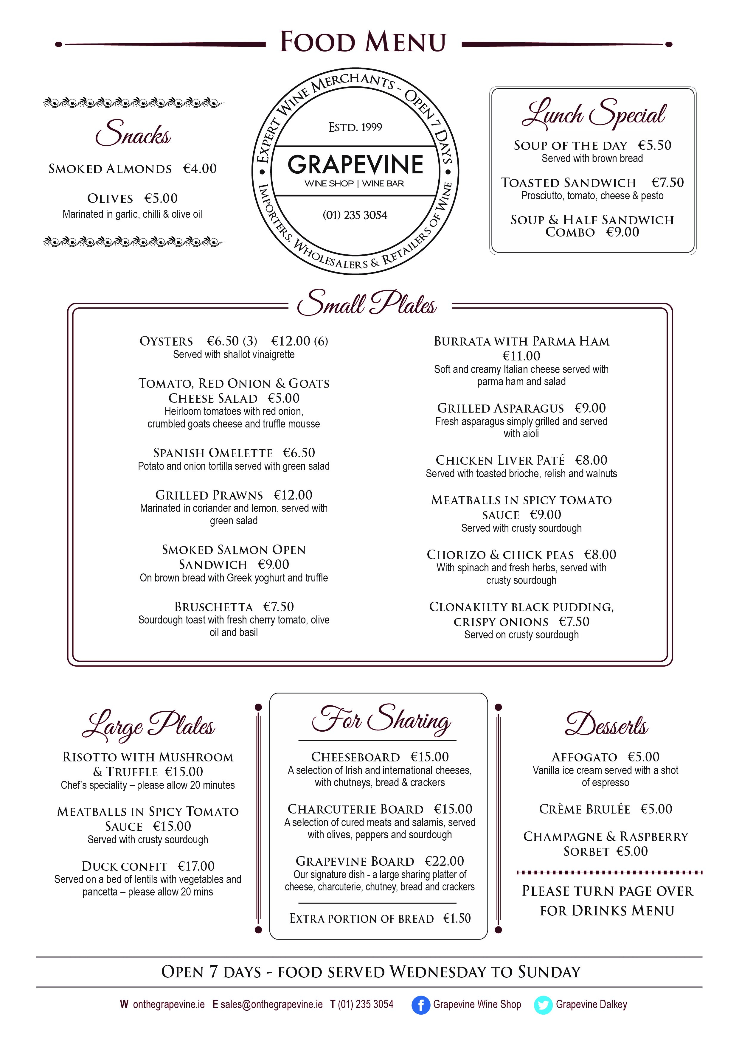 Grapevine Food Menu
