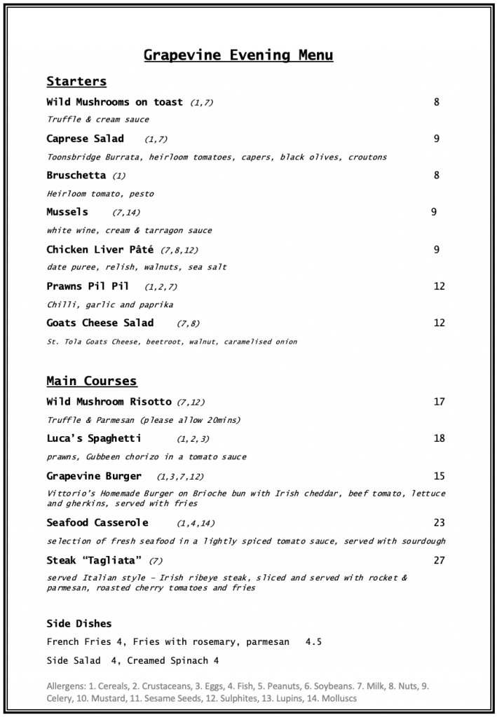 Evening Menu Grapevine Grapevine