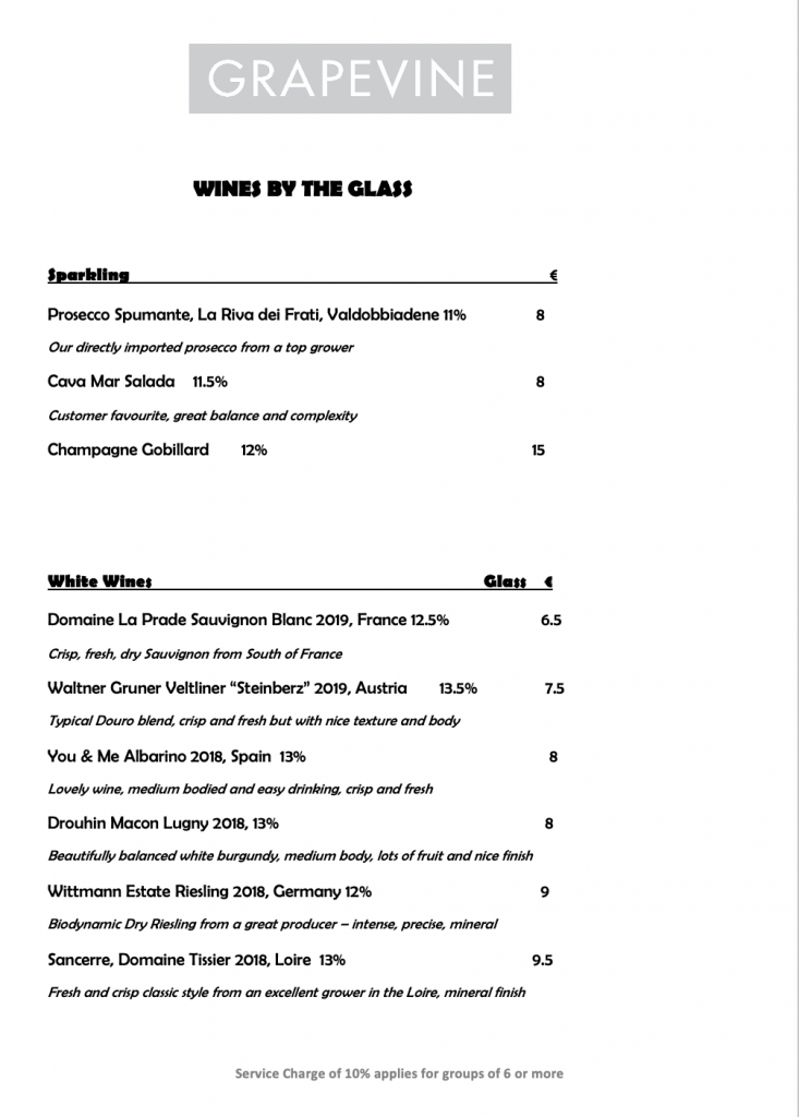 Grapevine Drinks Menu Wines By The Glass